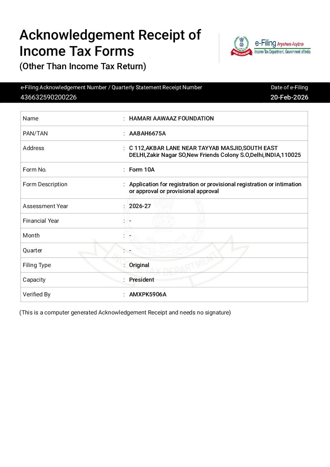 Form 10A Acknowledgement I