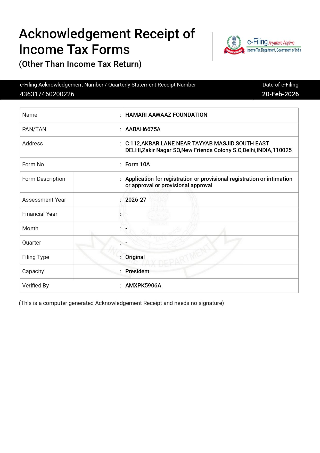 Form 10A Acknowledgement II